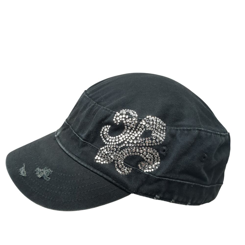 Fleur De Lis Strapback Cadet Army Cap Black One Size Adjustable Rhinestone Ha